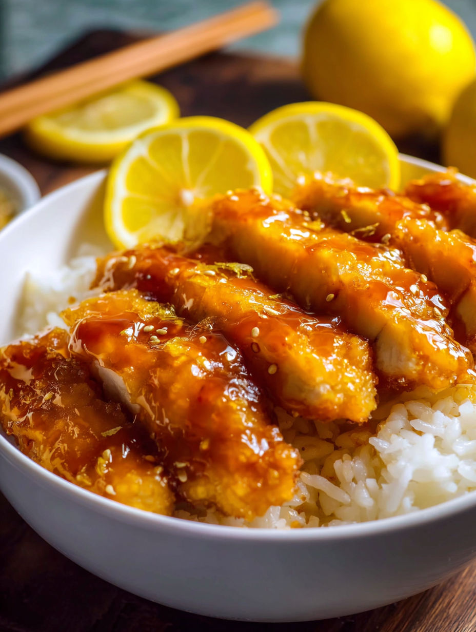A bowl of food with lemon slices and sauce.