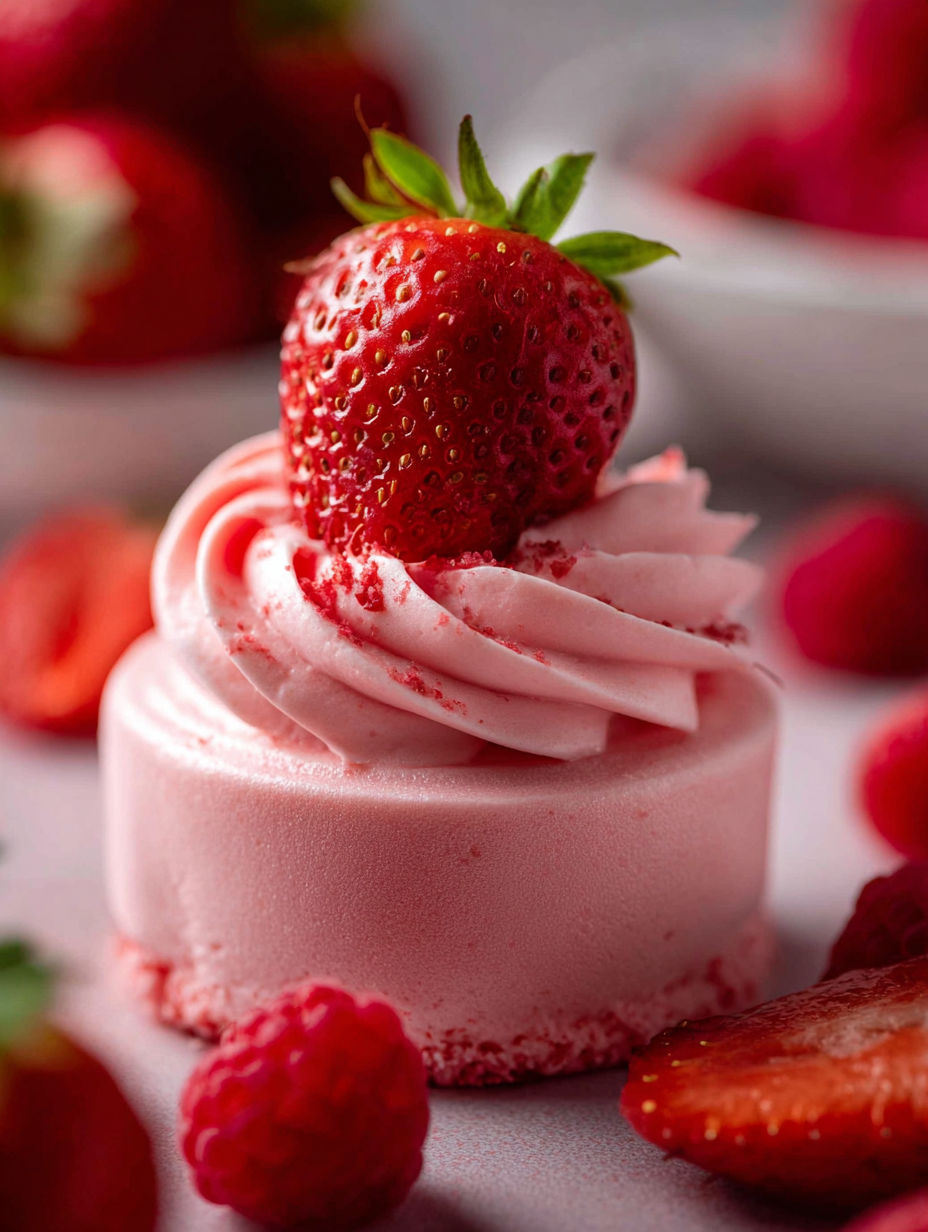 A piece of pink cake with strawberries on top.