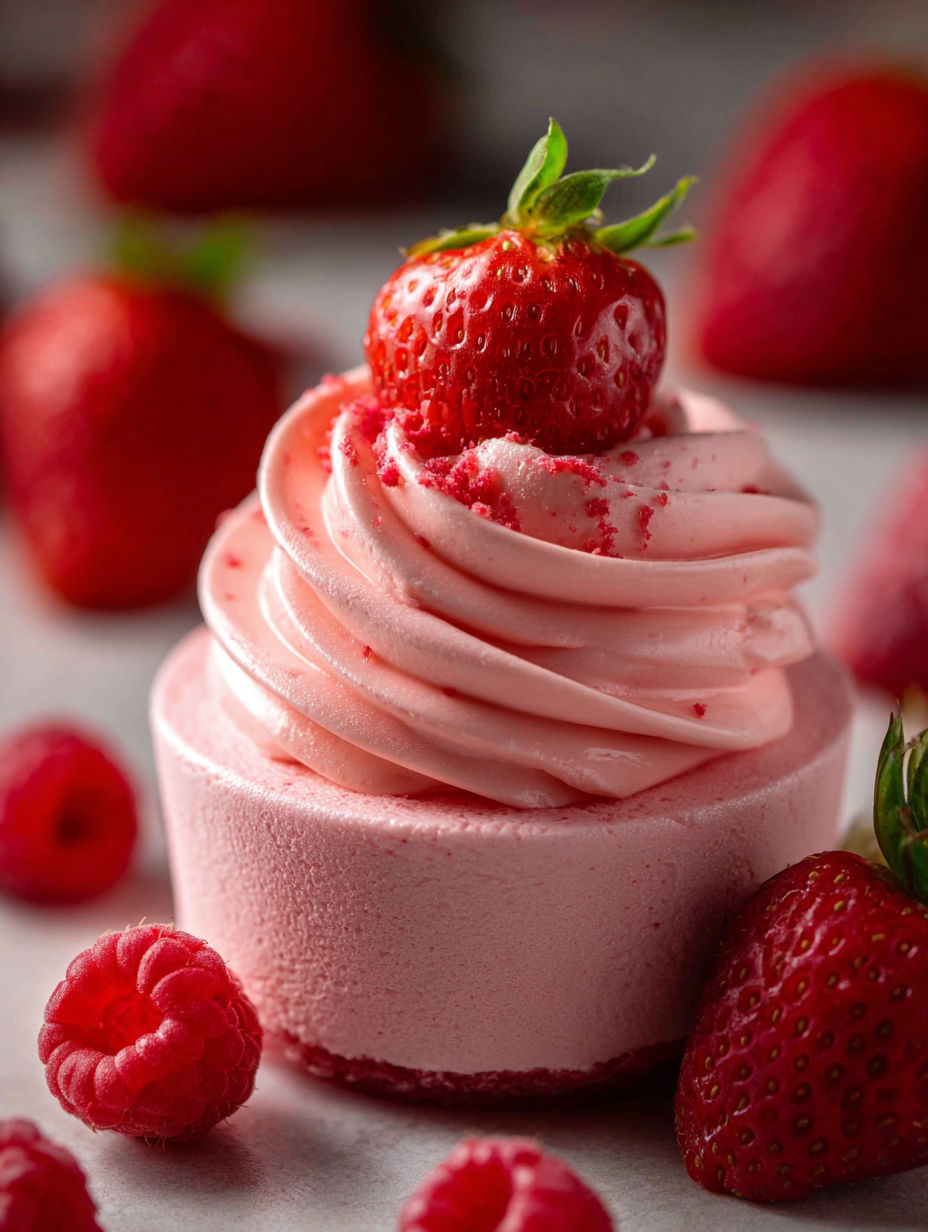 A slice of pink cake with a strawberry on top.