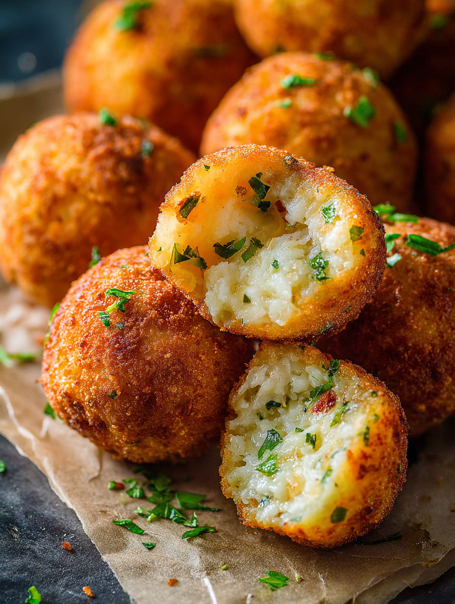 A plate of rice balls with cheese and herbs.