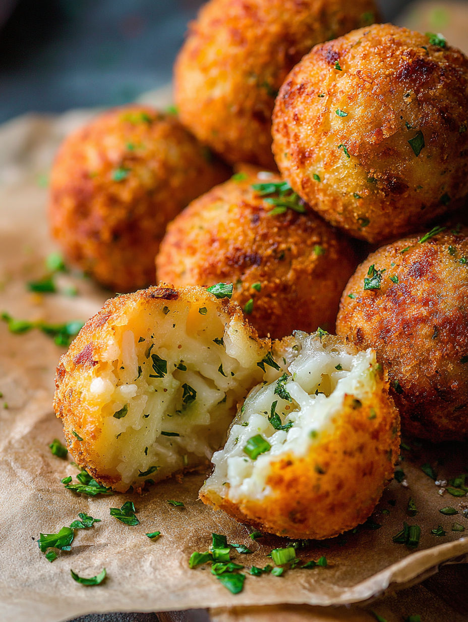 A plate of rice balls with green herbs on top.