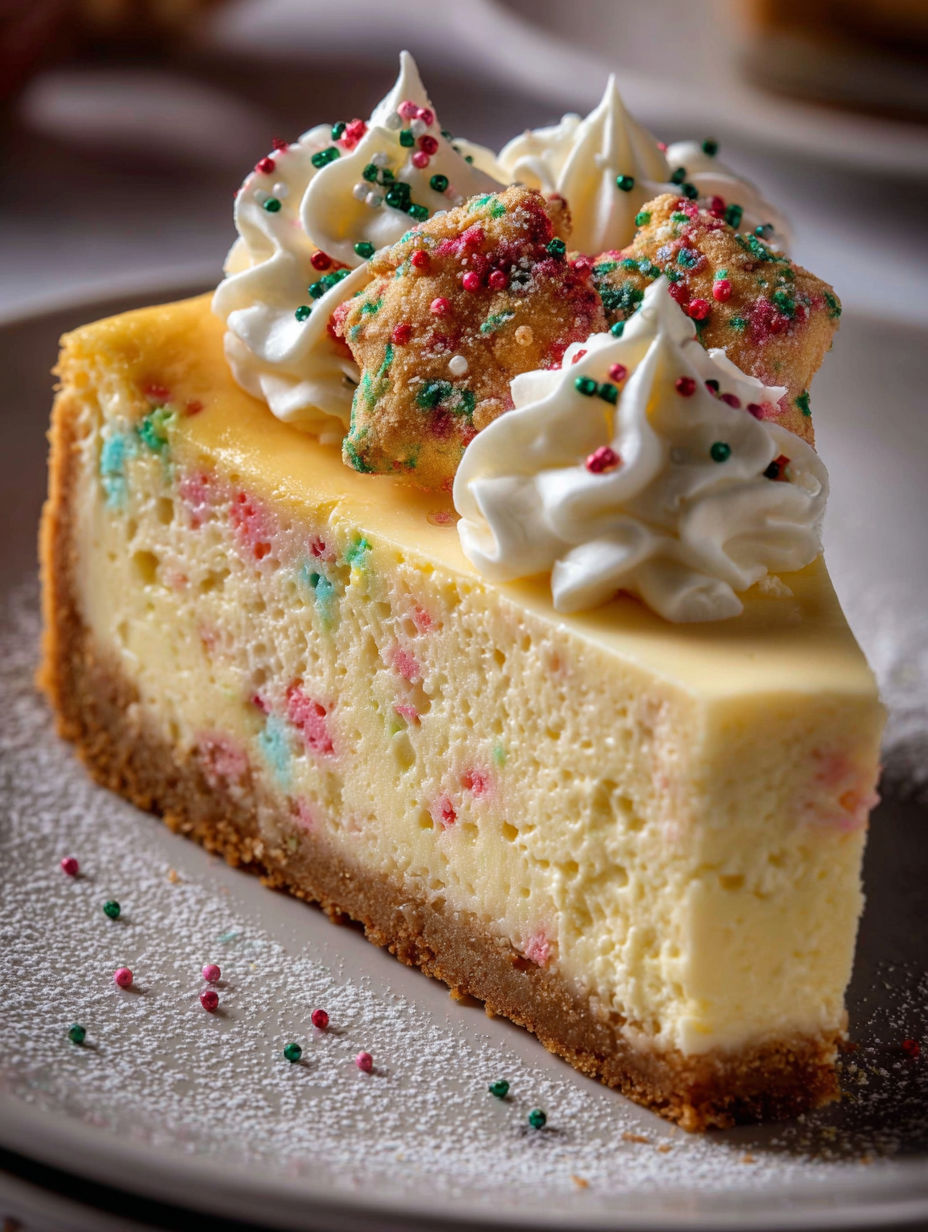 A slice of sugar cookie cheesecake with whipped cream on top.