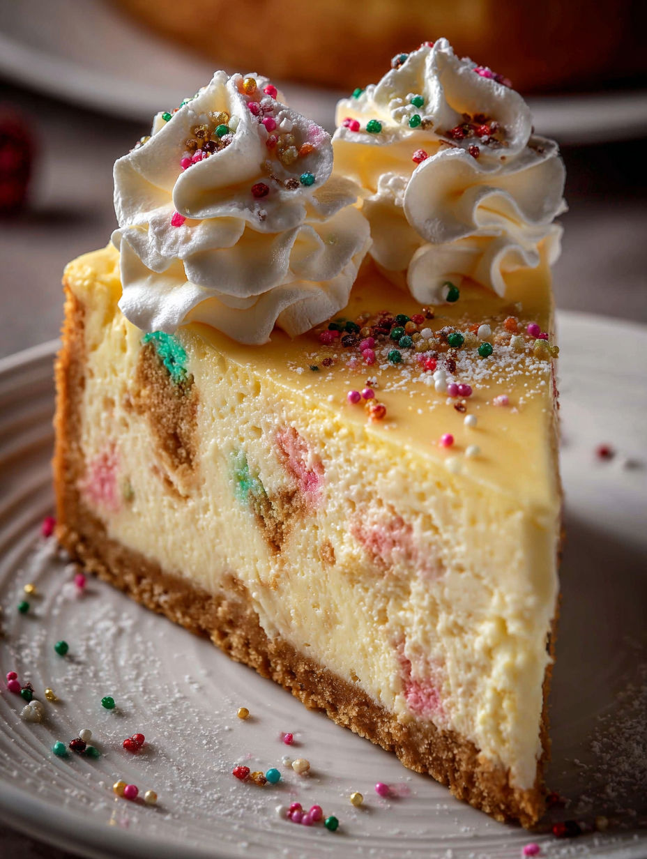 A slice of cheesecake with a white whipped cream topping.