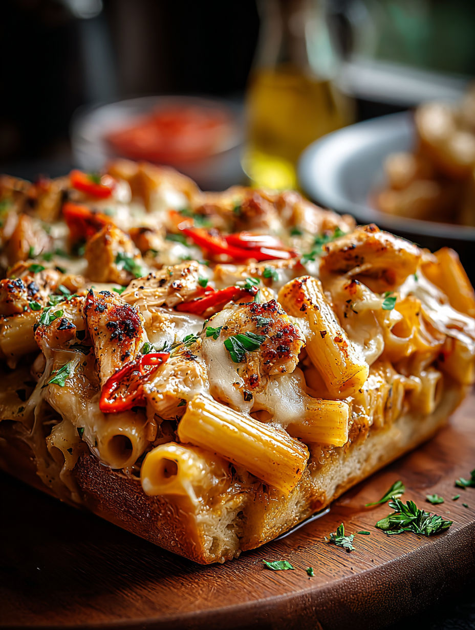 A panini with chicken and pasta on it.