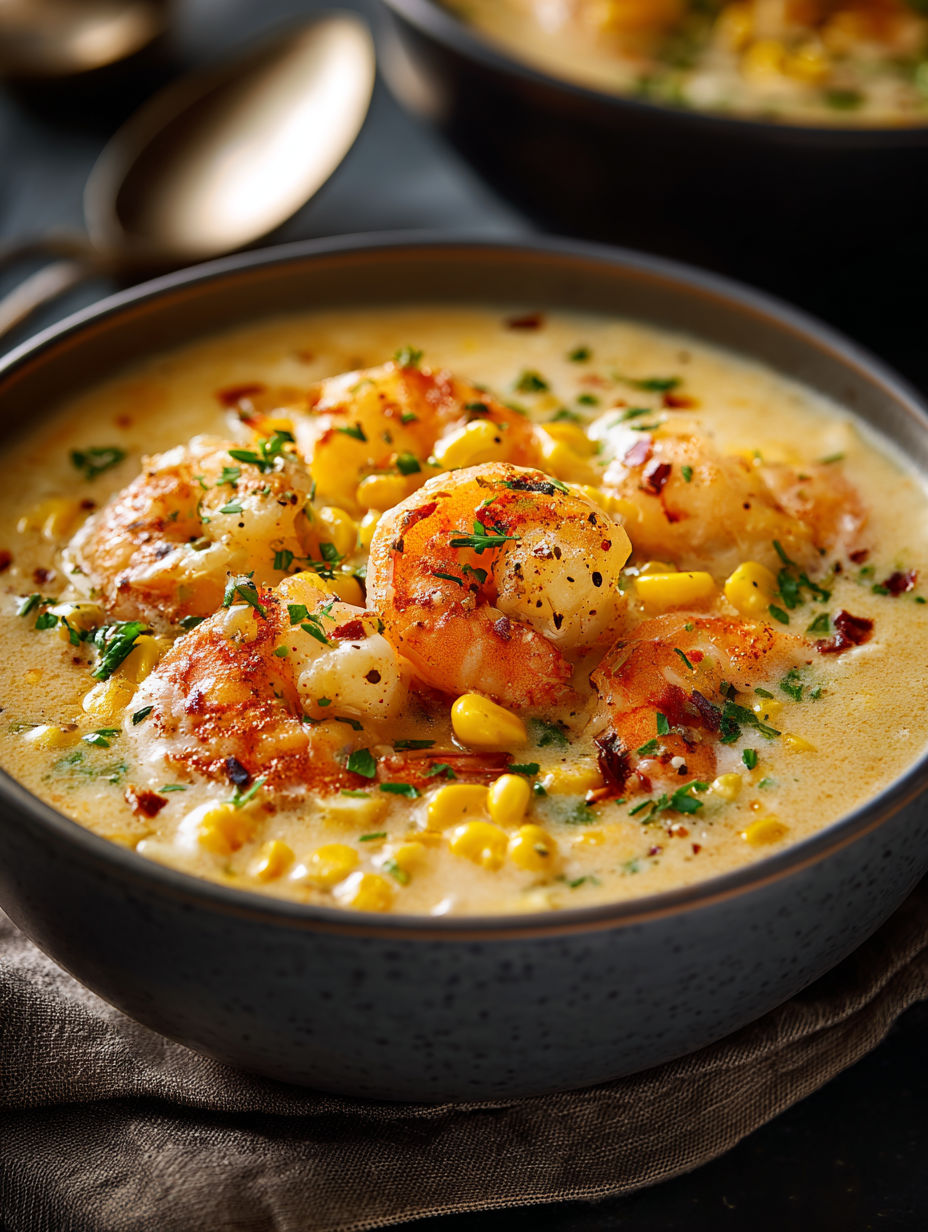 A bowl of shrimp and corn chowder.