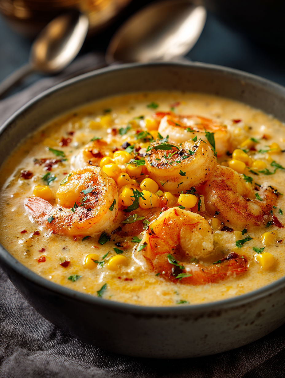 A bowl of shrimp and corn chowder.