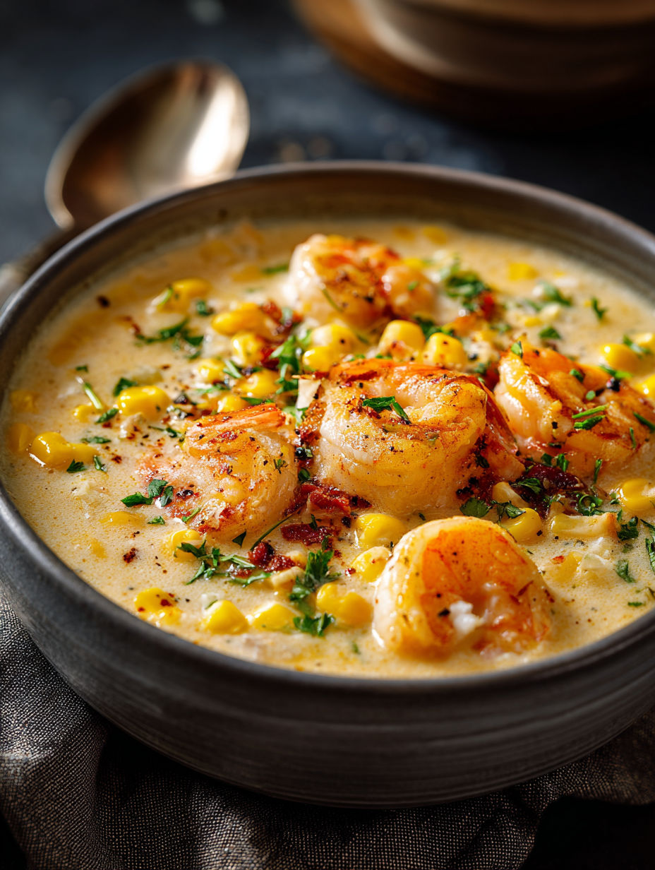 A bowl of shrimp and corn chowder.
