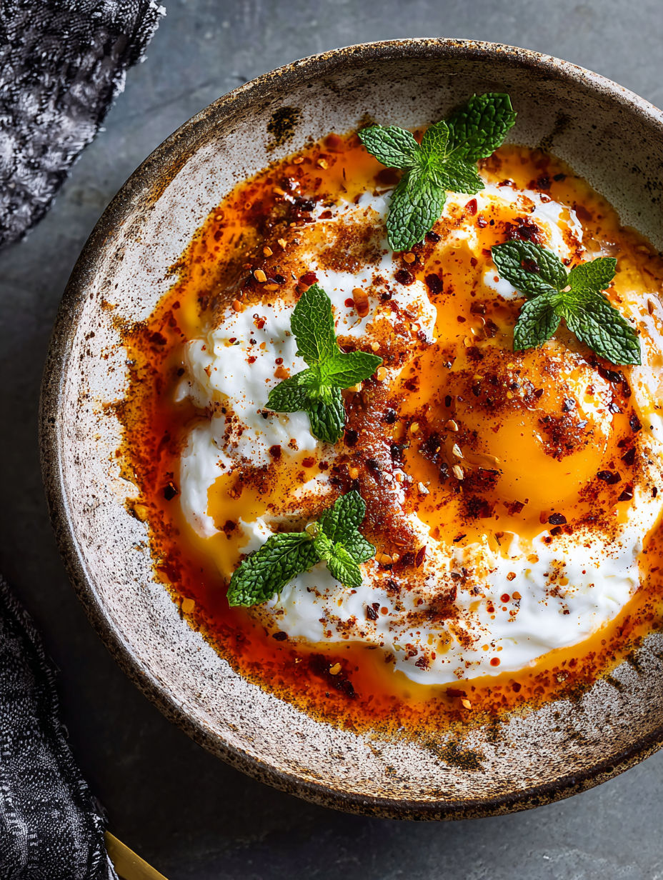 A bowl of cilbir with mint leaves.