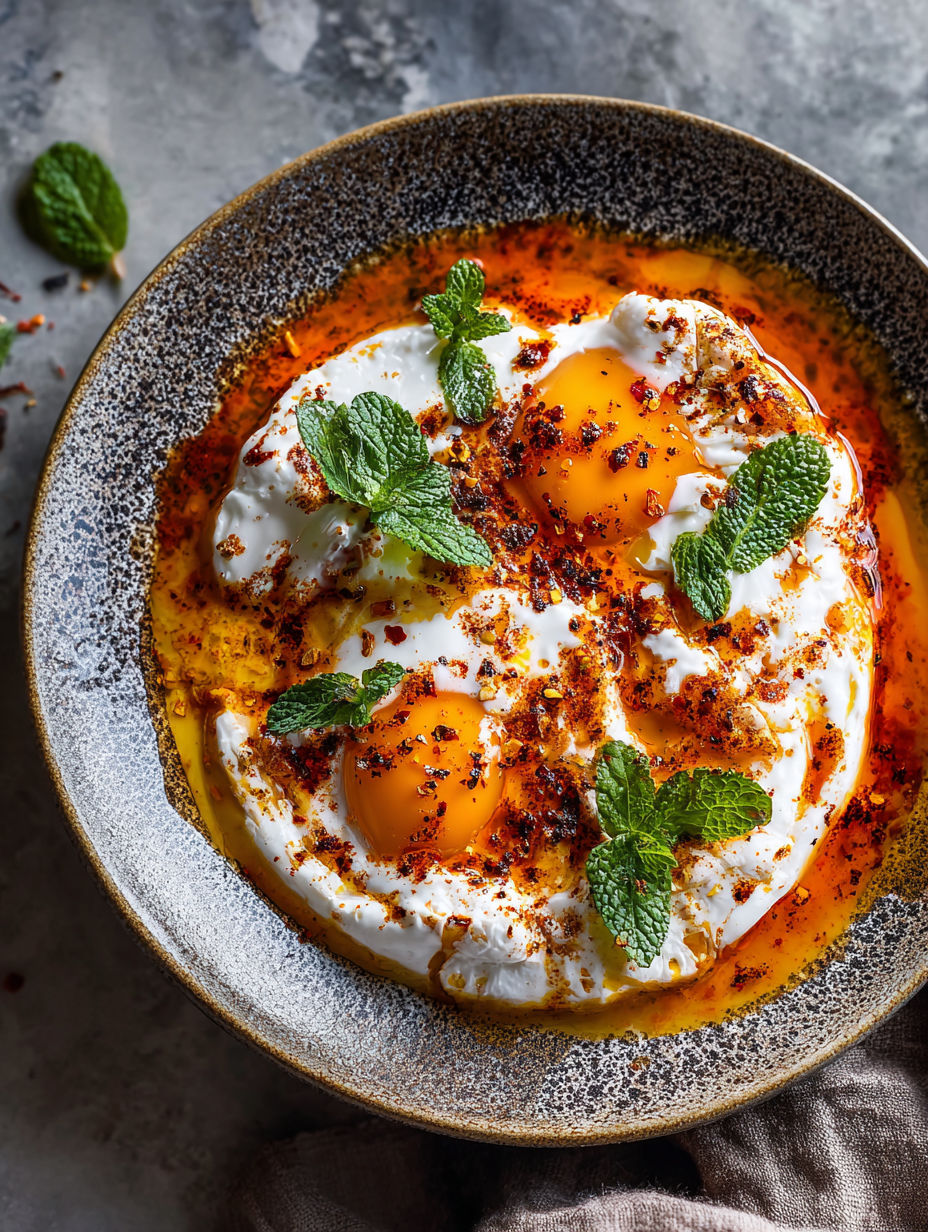 A bowl of cilbir with mint leaves on top.