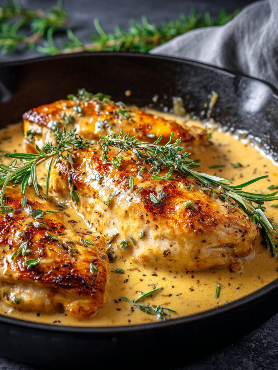 A dish of chicken with a creamy mustard sauce.