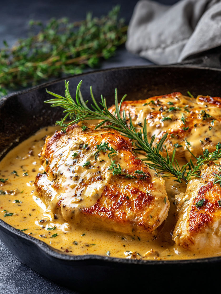 A pan of chicken with a creamy mustard sauce.