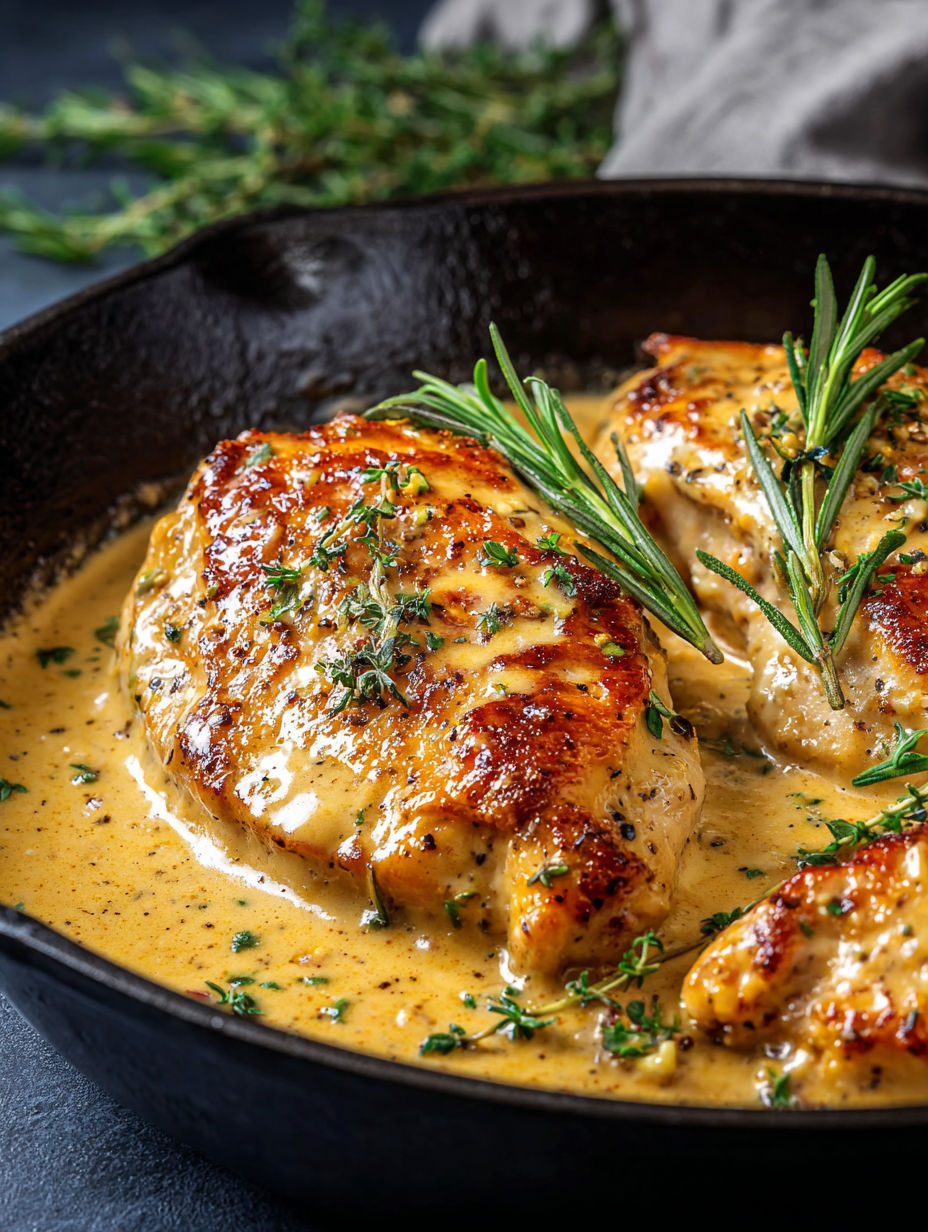 A pan of chicken with a creamy mustard sauce.