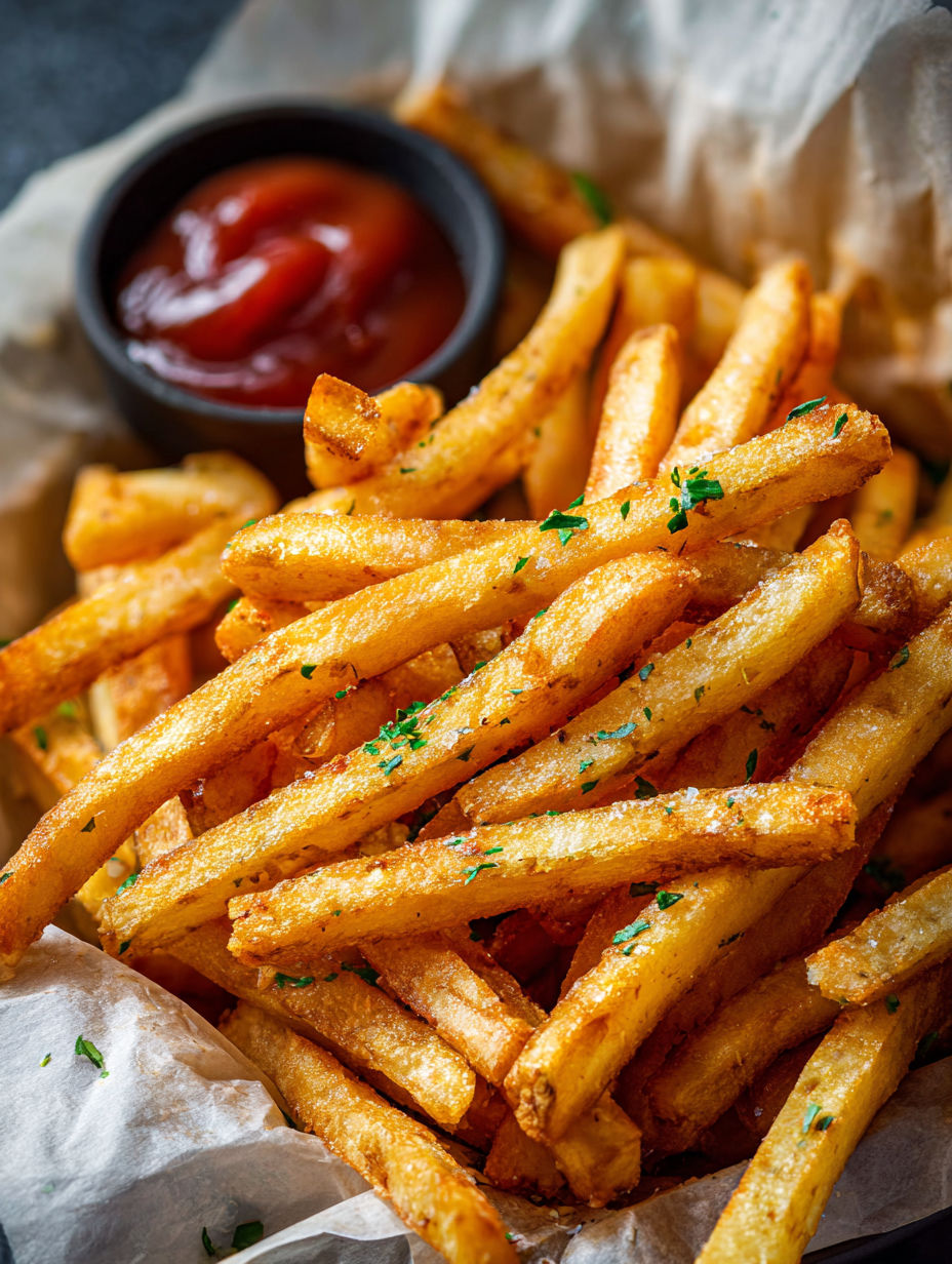 A bowl of french fries with ketchup.