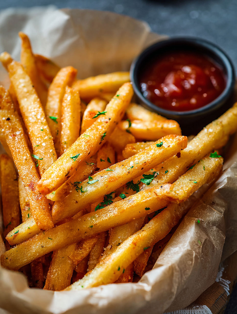 A bowl of french fries with a ketchup dipping sauce.