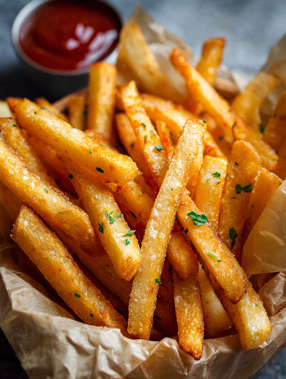 A bowl of french fries with ketchup.