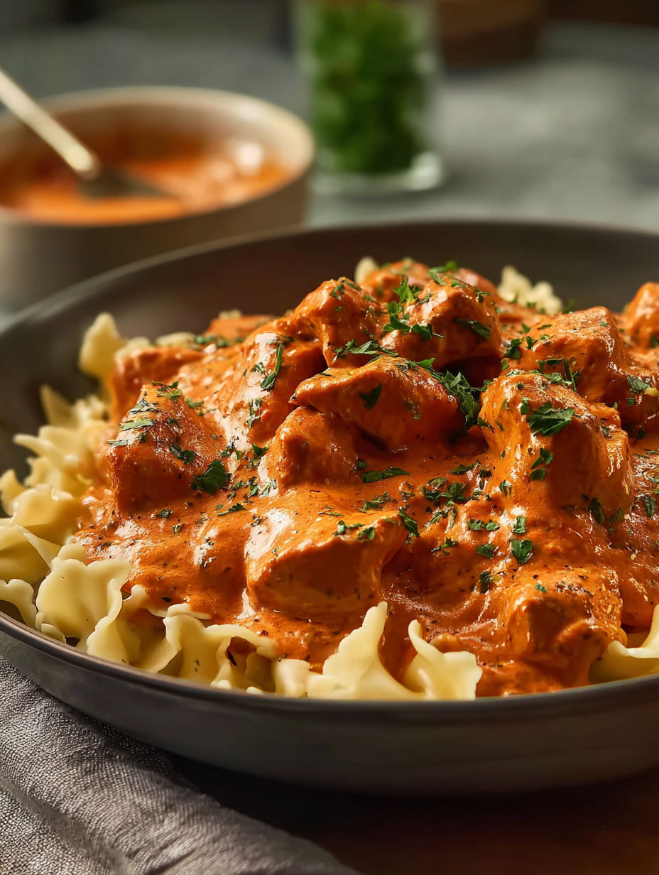 A plate of chicken paprikash with noodles and sauce.