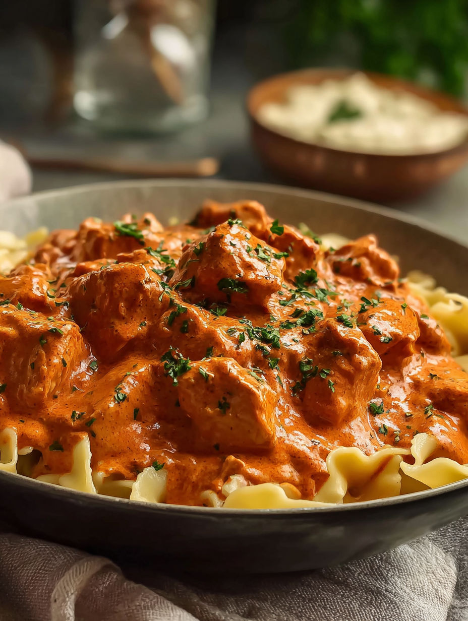 A plate of chicken paprikash with noodles.