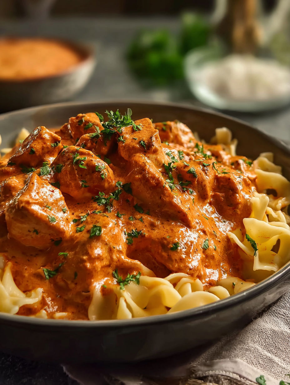 A bowl of chicken paprikash with pasta.