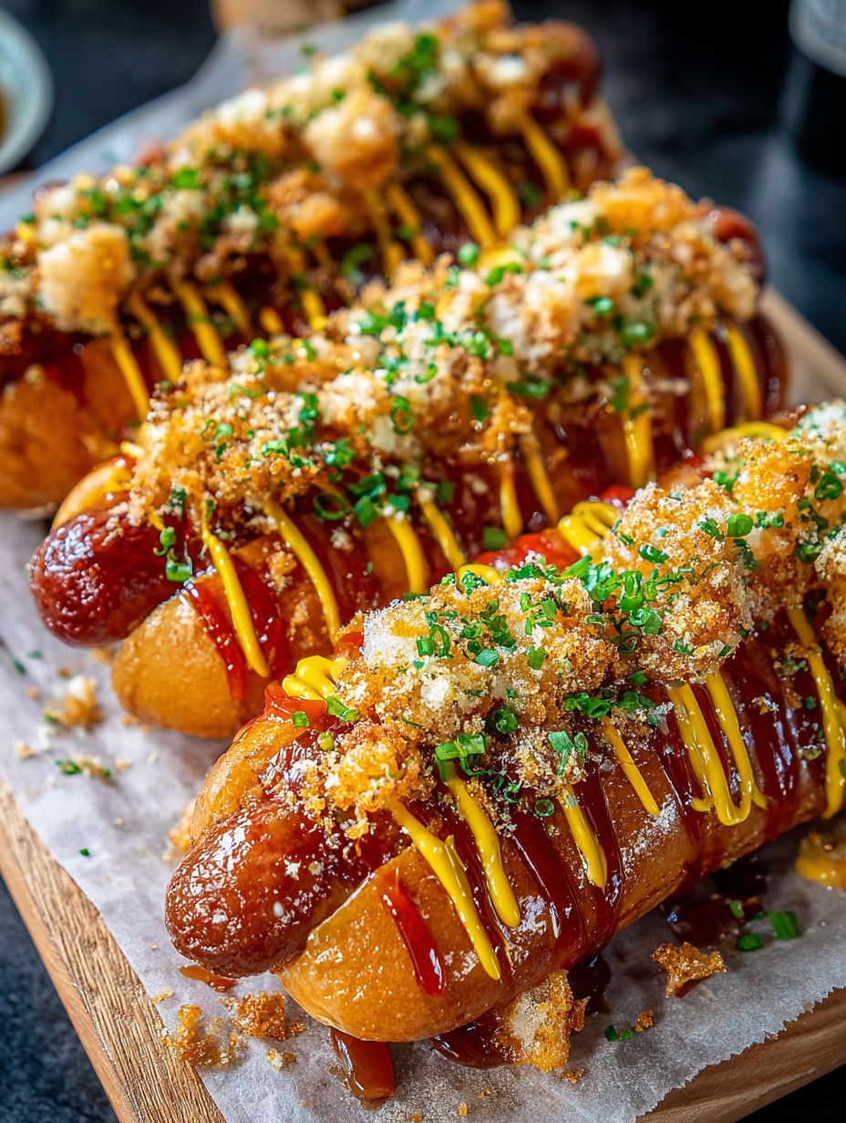 Two hot dogs with mustard and onions.