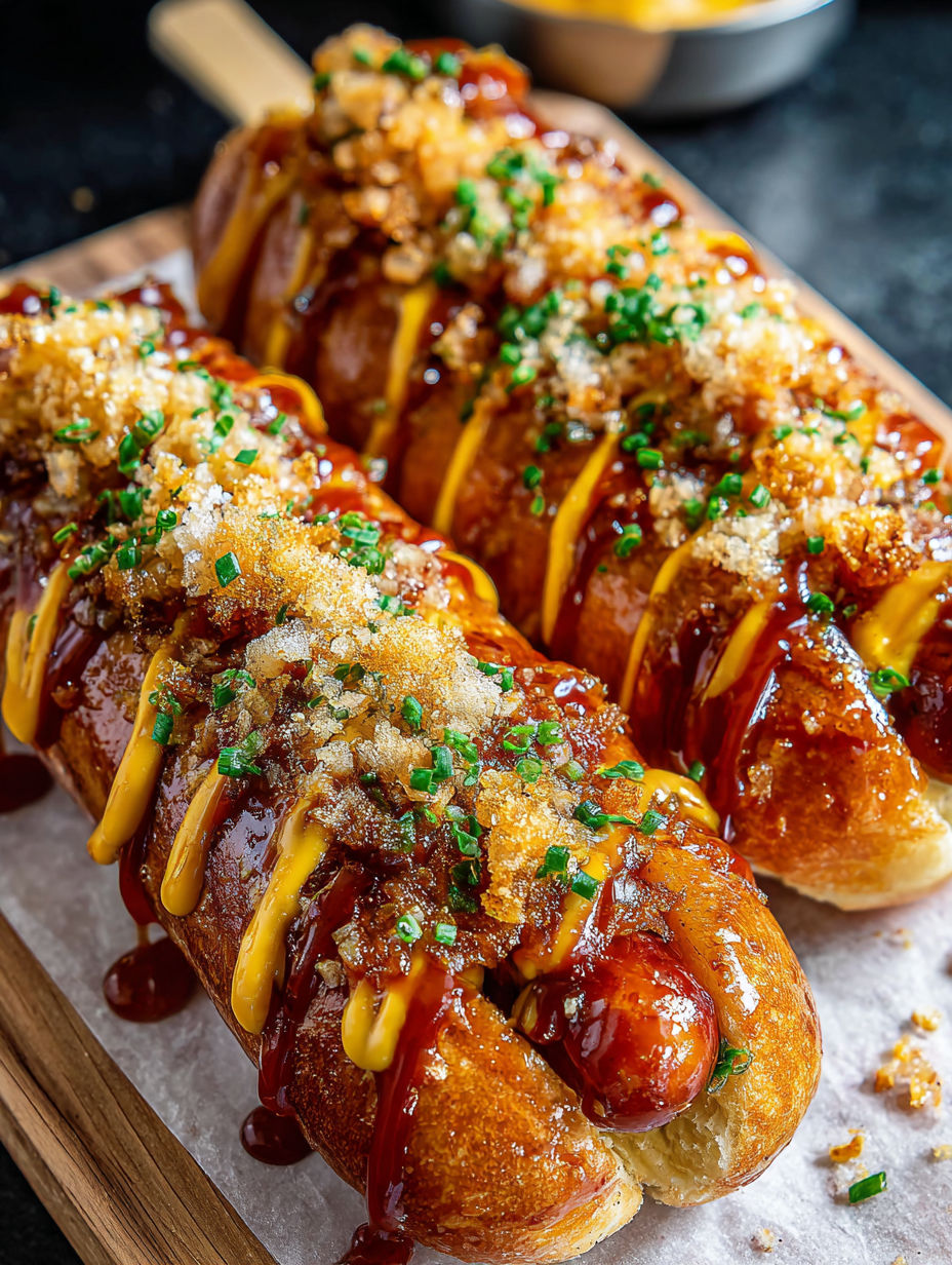 Two hot dogs with mustard and ketchup on a wooden board.
