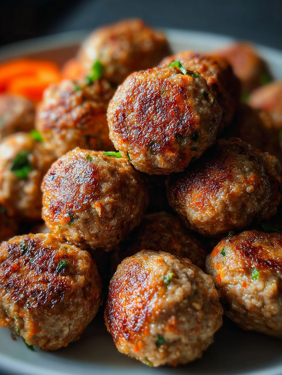A plate of meatballs with green toppings.