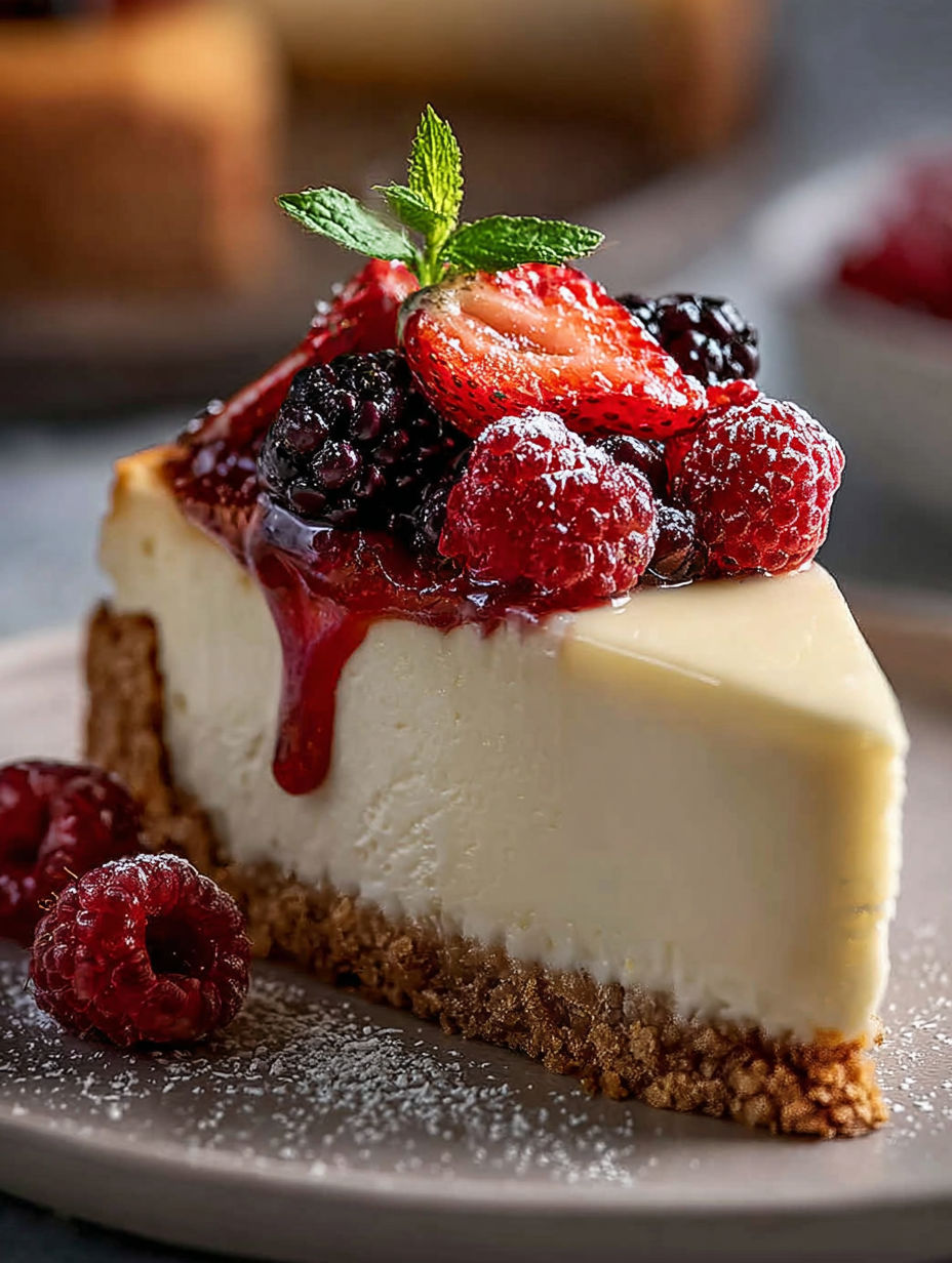 A slice of no bake cheesecake with berries on top.