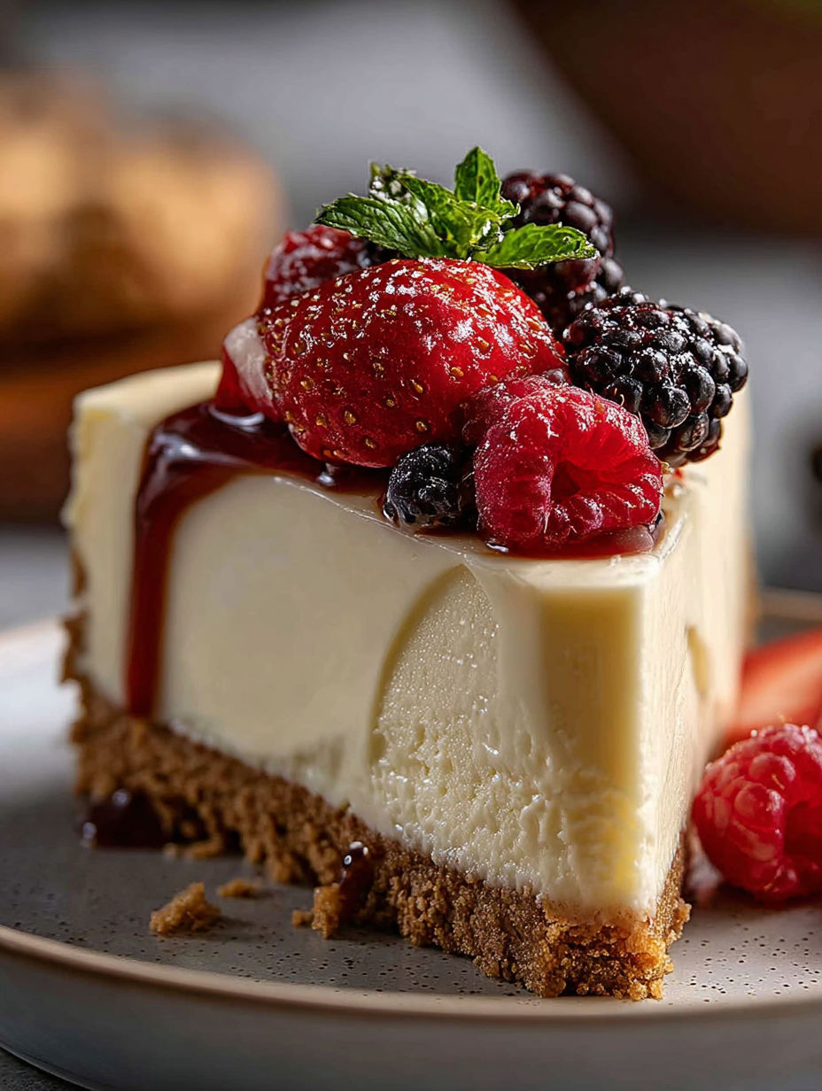A slice of no bake cheesecake with strawberries and raspberries on top.