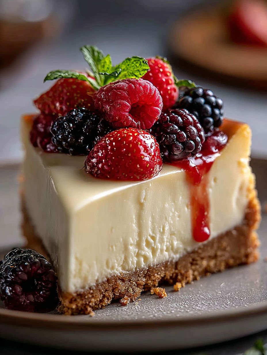 A slice of no bake cheesecake with strawberries and blackberries on top.