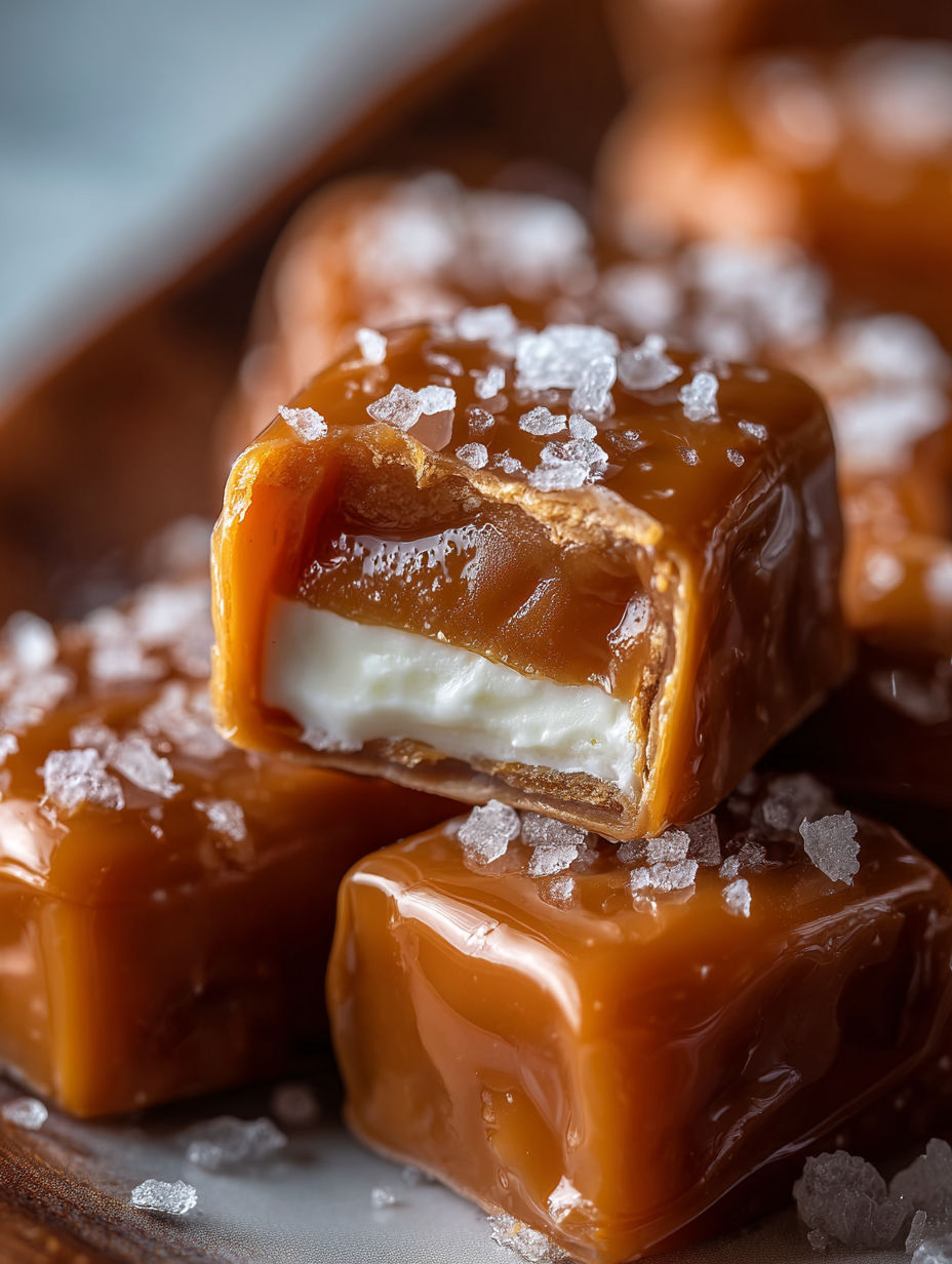 A close up of a caramel with white cream in it.