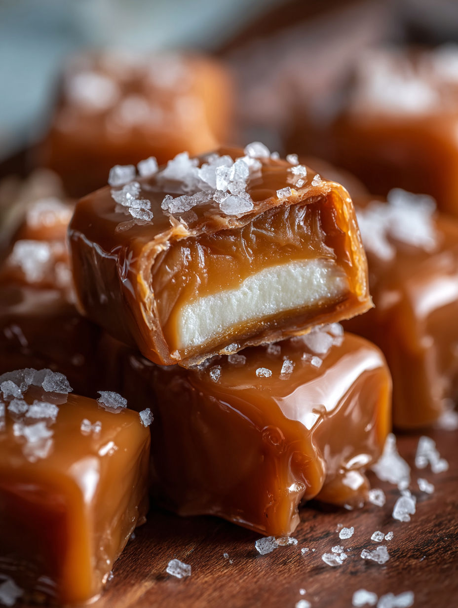 A close up of a caramel with a white filling.