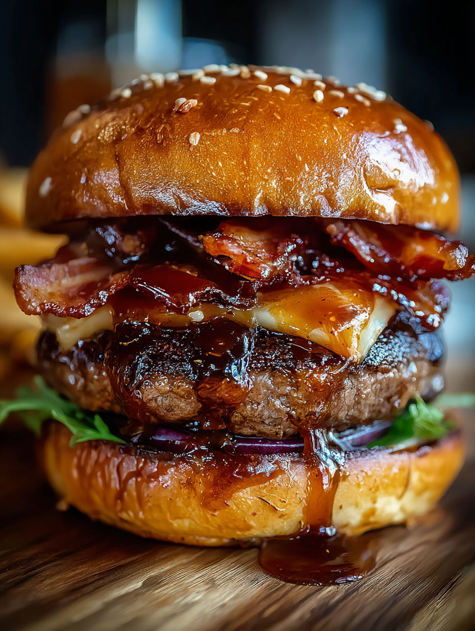 A close up of a Maple Bourbon BBQ Bacon Burger.