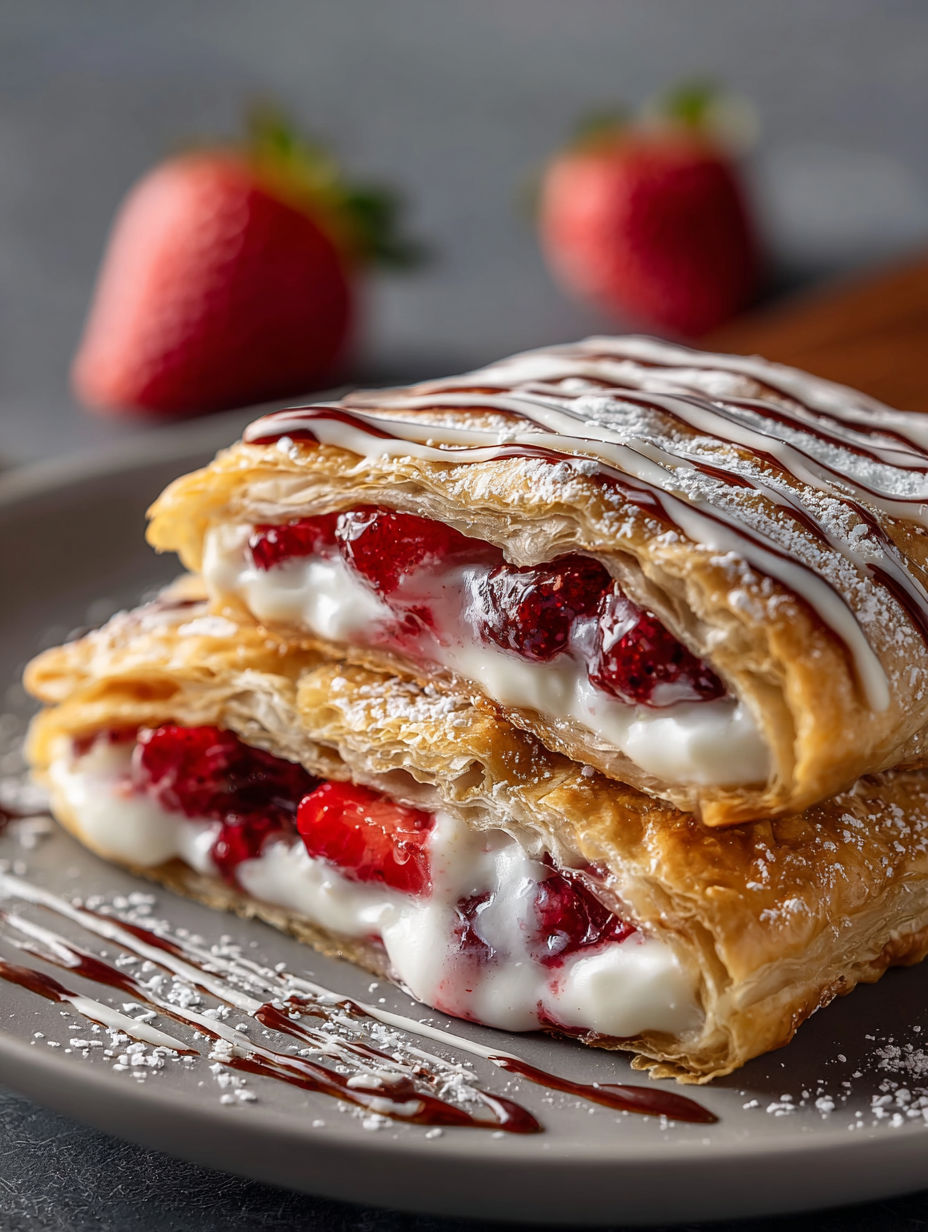 A slice of homemade toaster strudel with white frosting and strawberries.