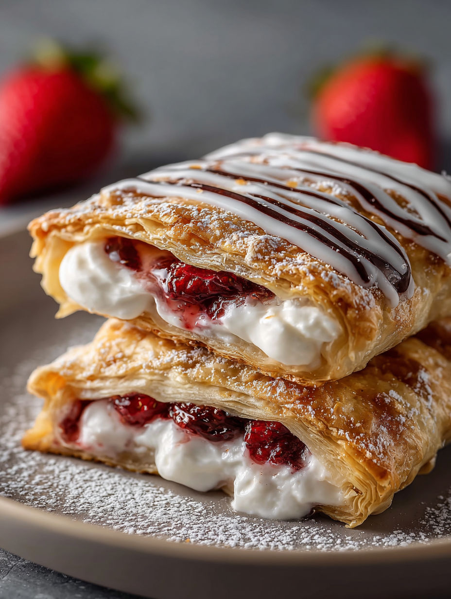 A slice of homemade toaster strudel with white frosting and strawberries.