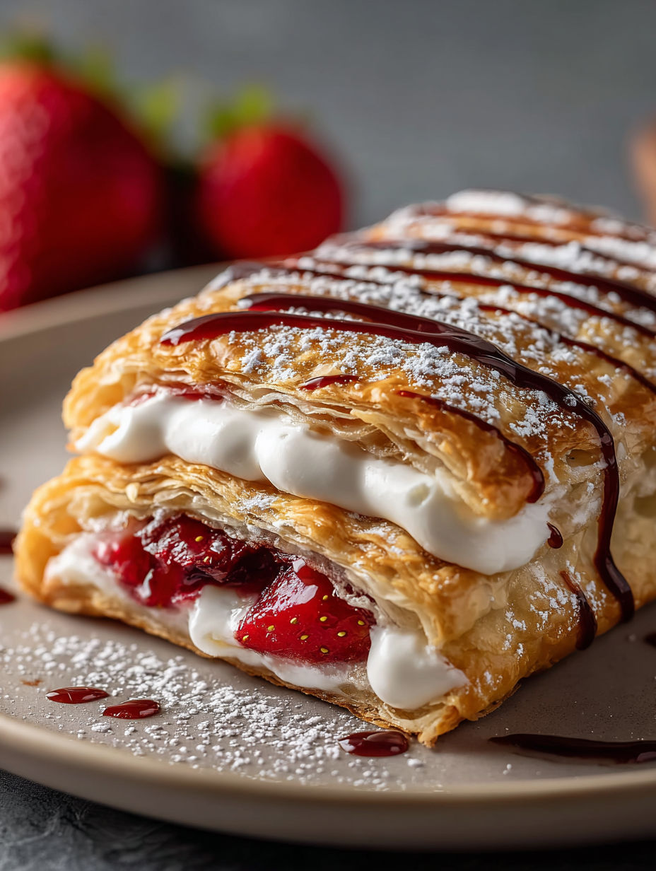 A homemade toaster strudel with white and red strawberries.