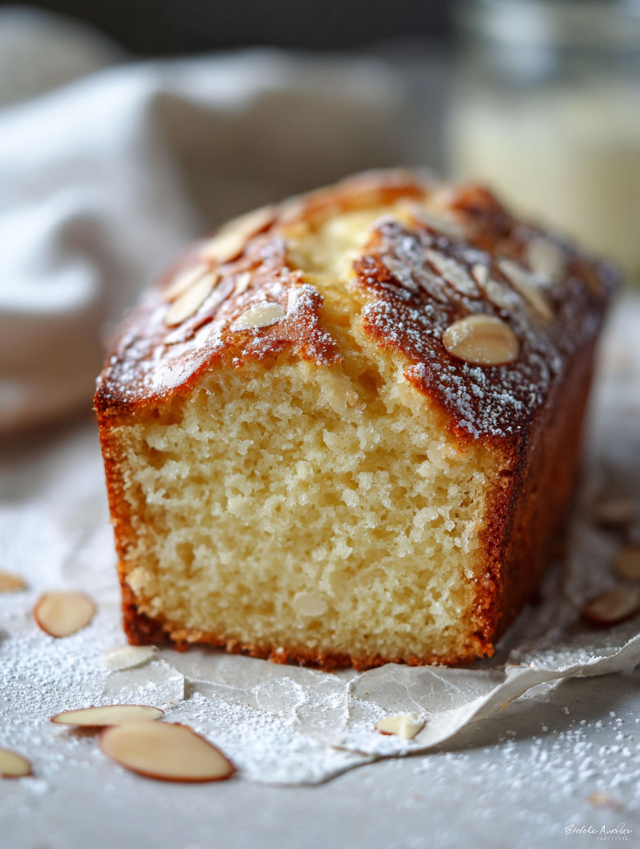 A slice of almond pound cake on a table.