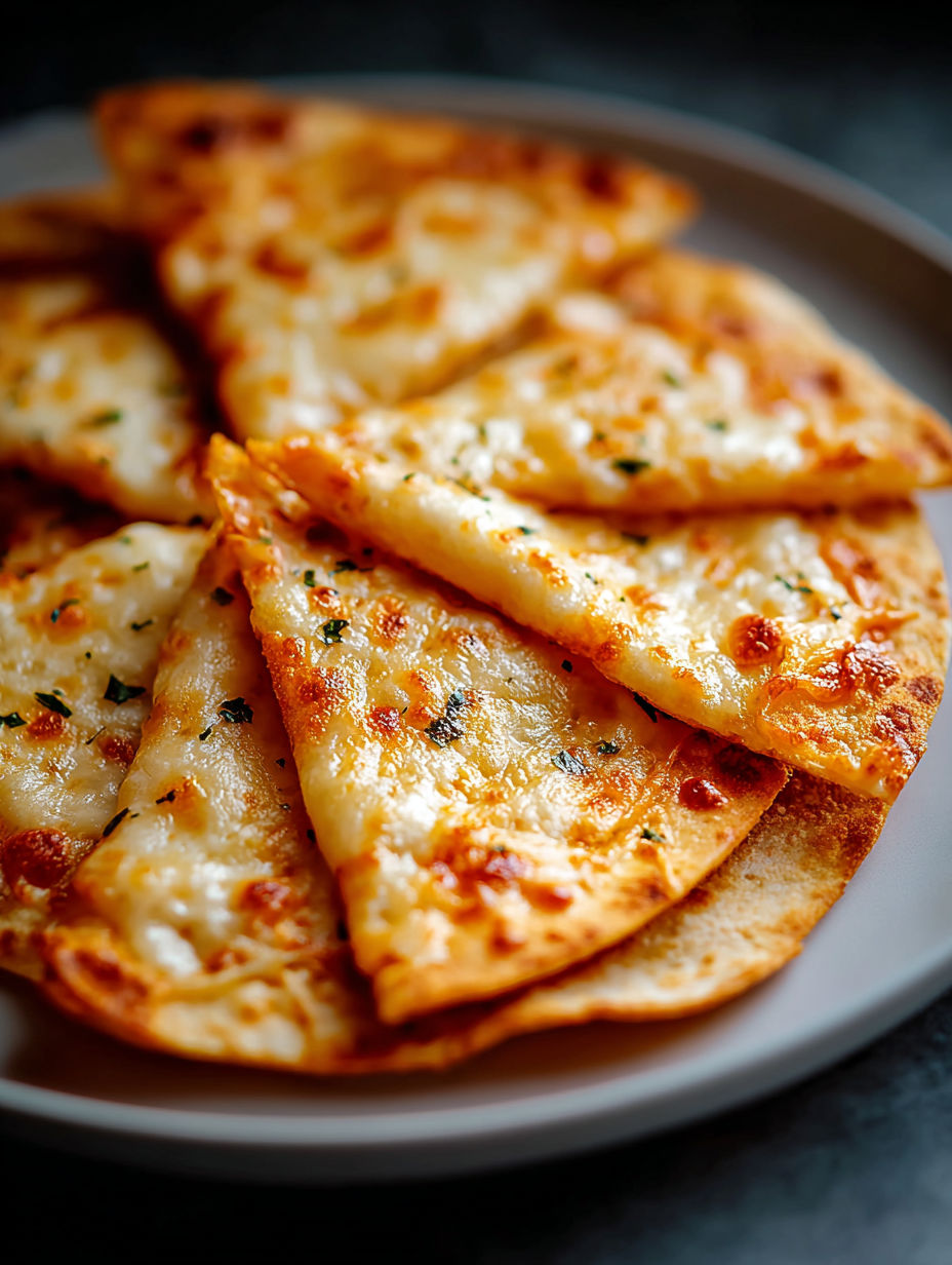 A plate of crispy air fryer tortilla garlic bread.