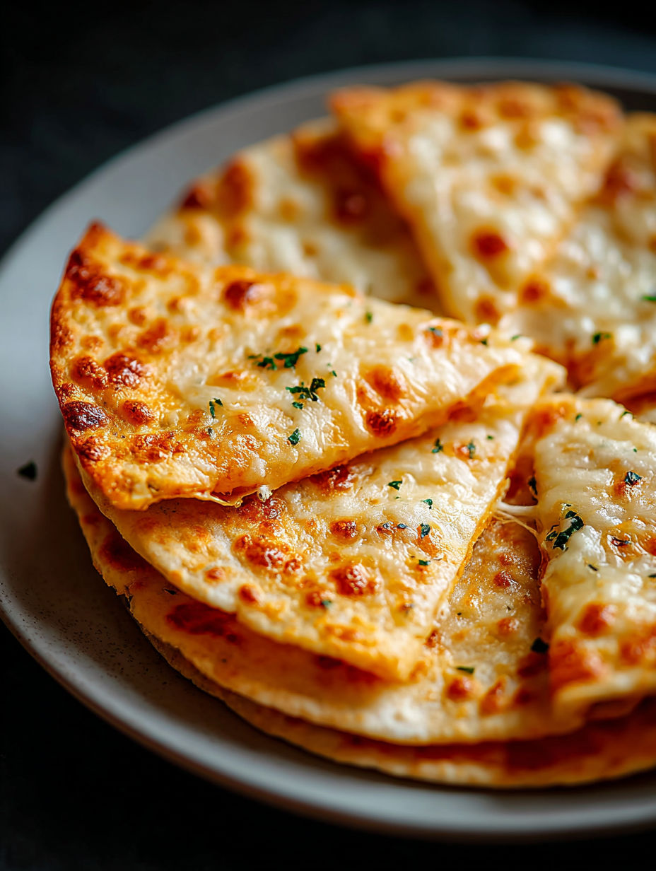 A plate of crispy air fryer tortilla garlic bread.