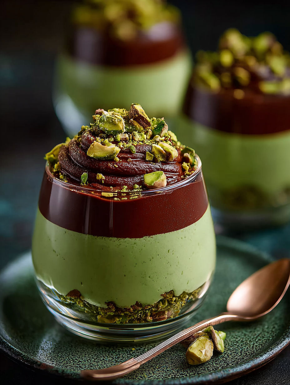 A glass of pistachio mousse with a spoon.