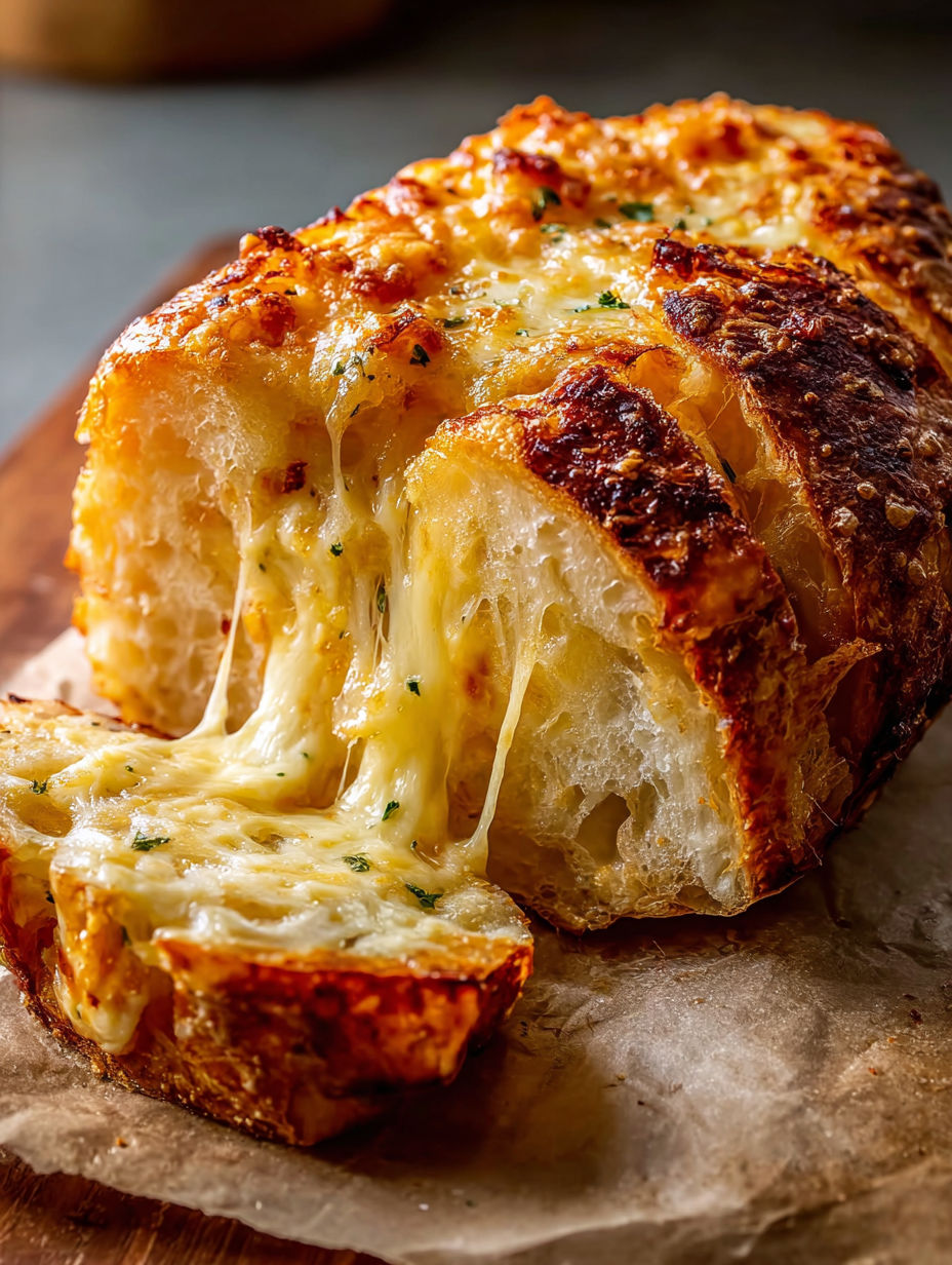 A slice of cheesy Dutch oven bread.
