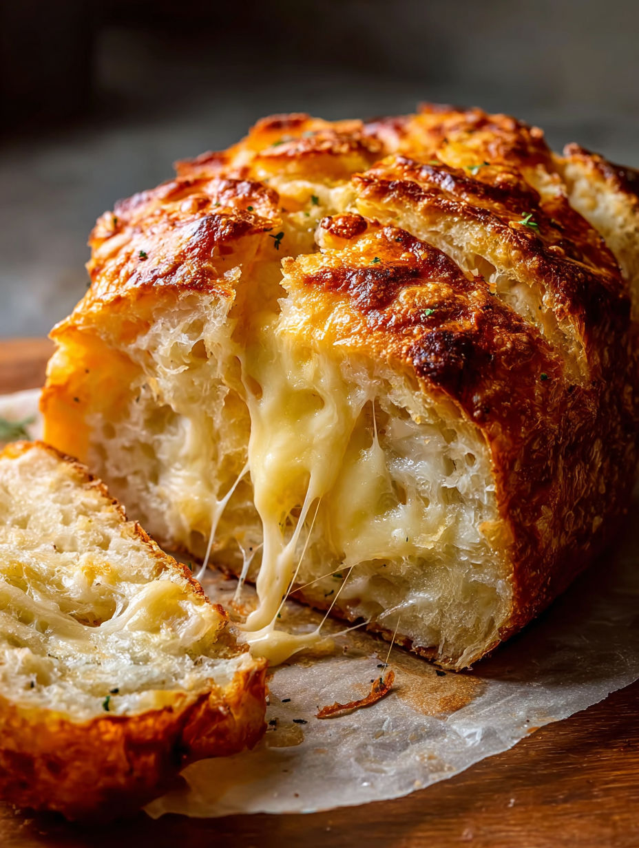 A slice of cheesy Dutch oven bread.
