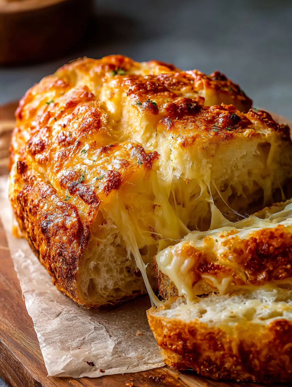 A slice of cheesy Dutch oven bread.