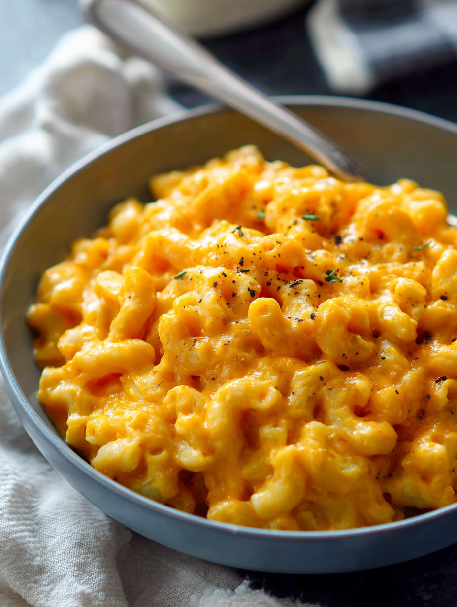 A bowl of mac and cheese with a spoon in it.