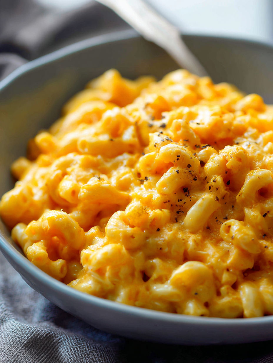 A bowl of macaroni and cheese.