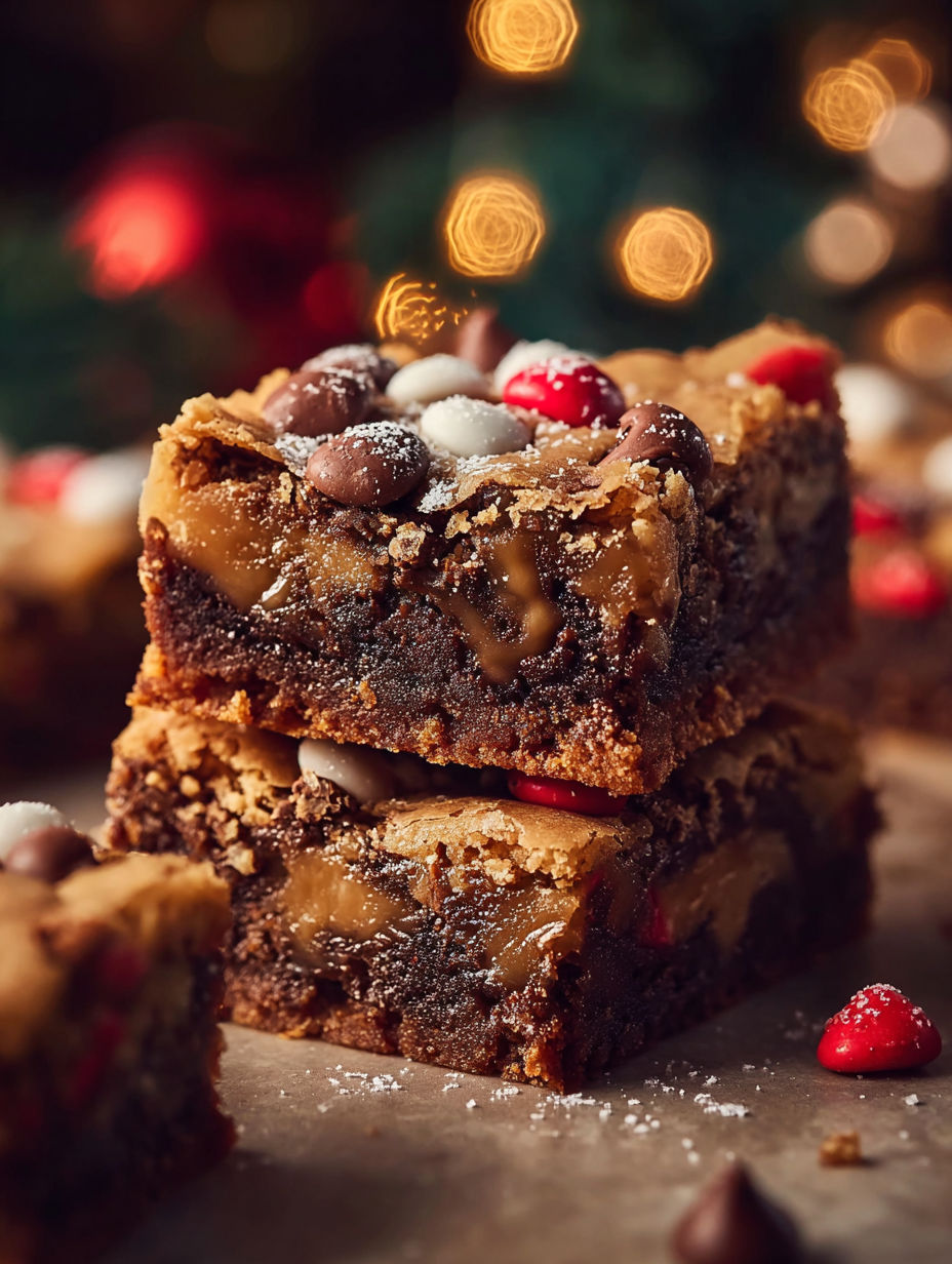 A stack of chocolate chip cookies with white icing and red berries.