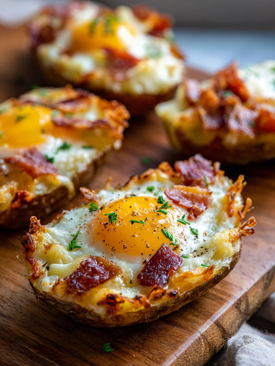 Twice baked breakfast potatoes with bacon and egg.