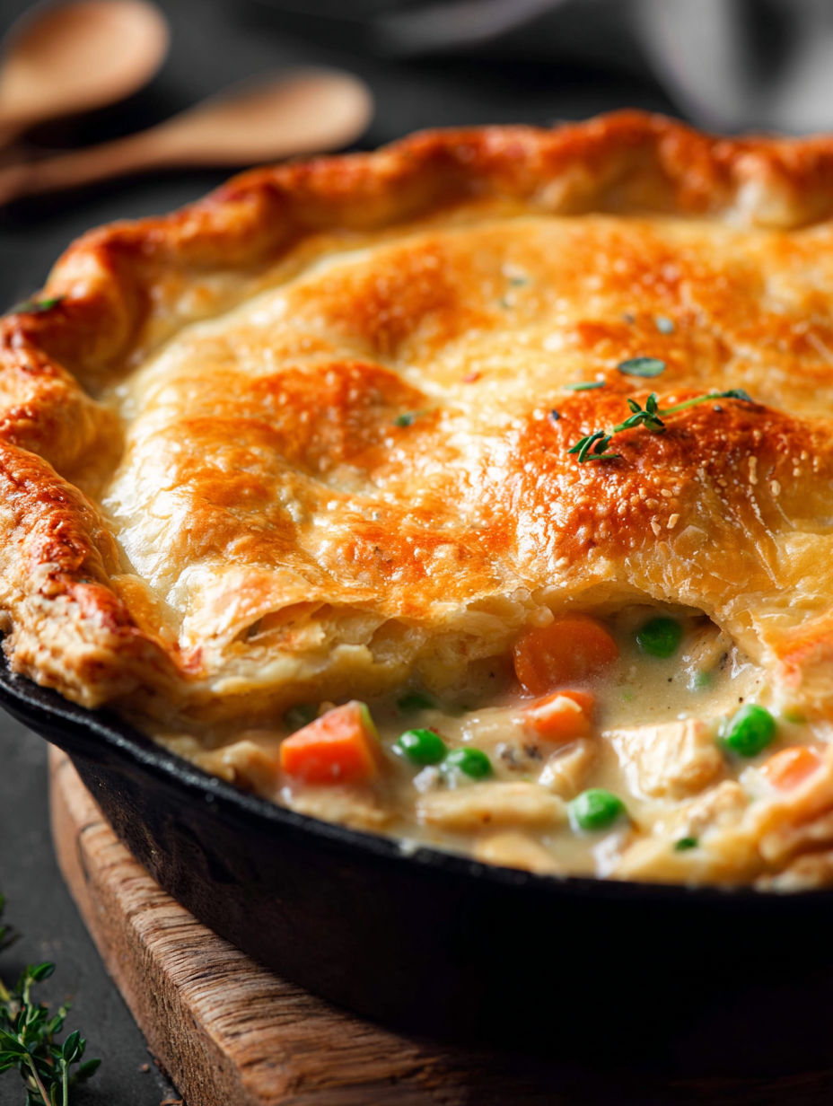 A close up of a double crust chicken pot pie.