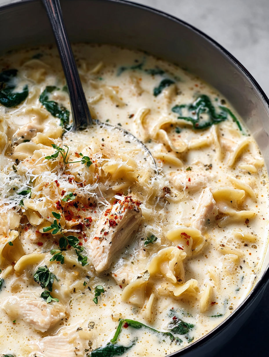 A bowl of chicken alfredo soup with noodles and cheese.