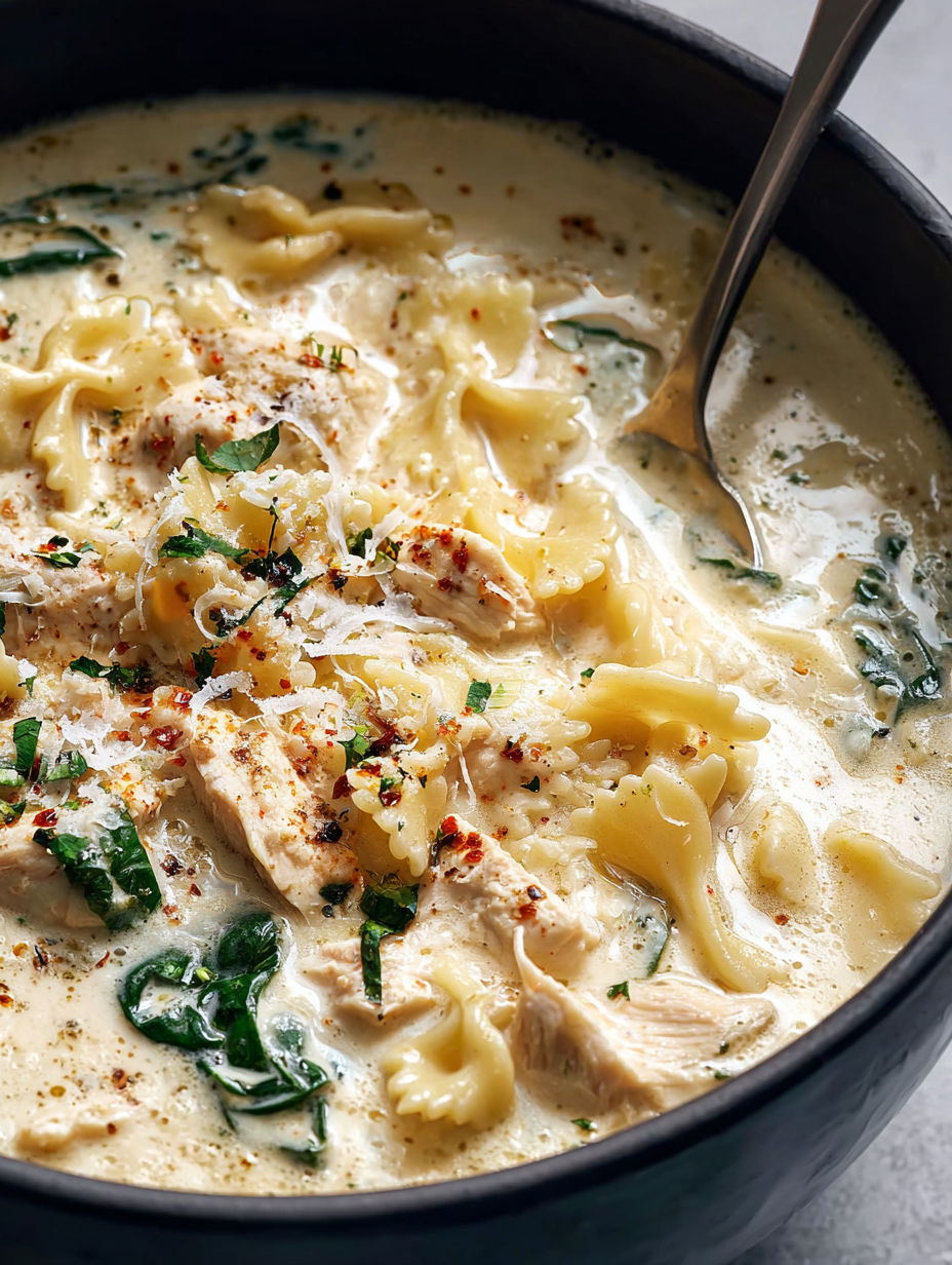 A bowl of chicken alfredo soup with noodles and vegetables.