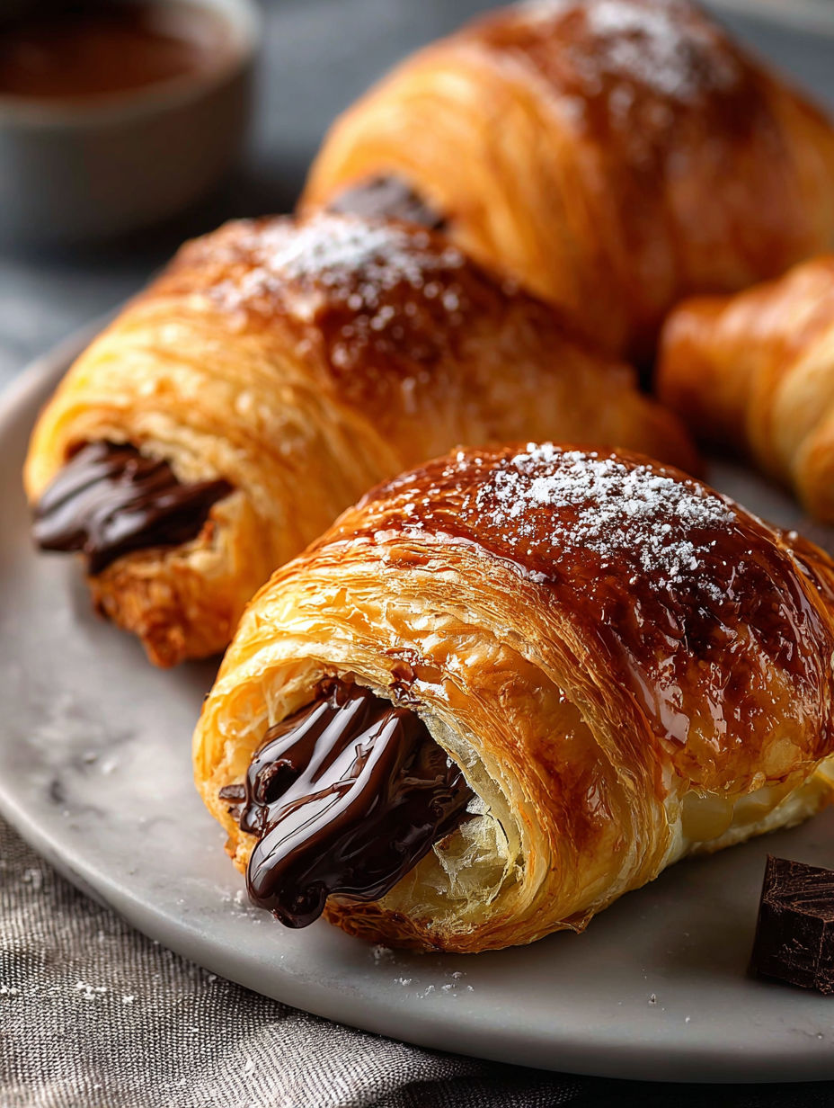 Chocolate croissants on a plate.