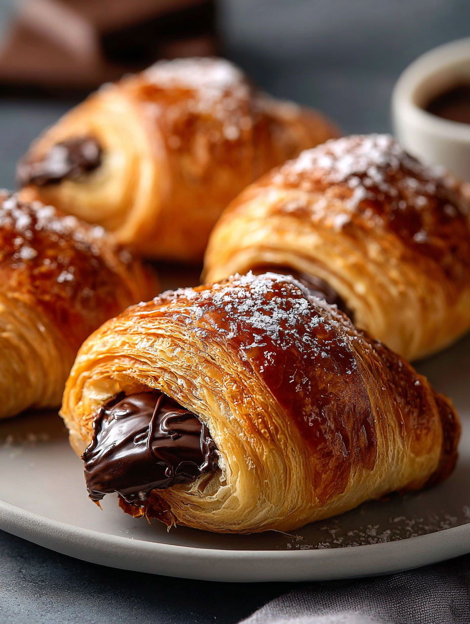 Chocolate croissants on a plate.